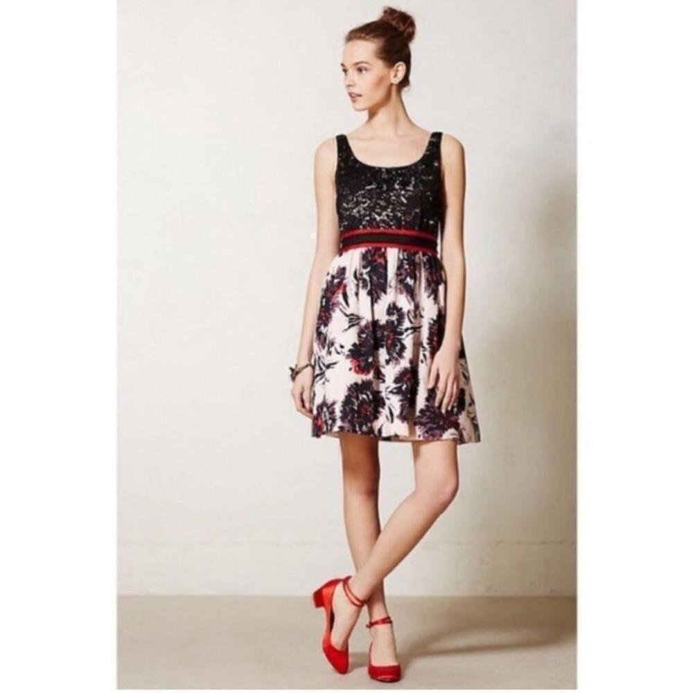 Peter Som Made in Kind Anthropologie black pink red fit and flare sequin dress